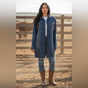 Vintage Long Denim Lace Up Suede Western  Cowgirl jacket.